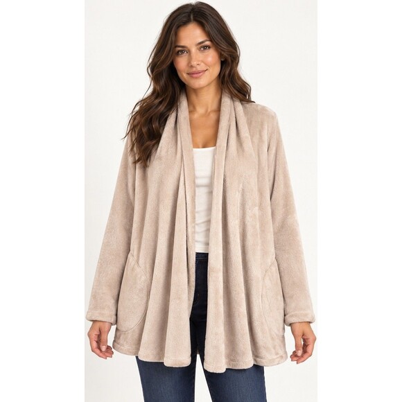 UGG Australia Sweaters - UGG Womens M Beige Plush Fleece Cardigan Open Front Shawl Collar Pockets Cozy